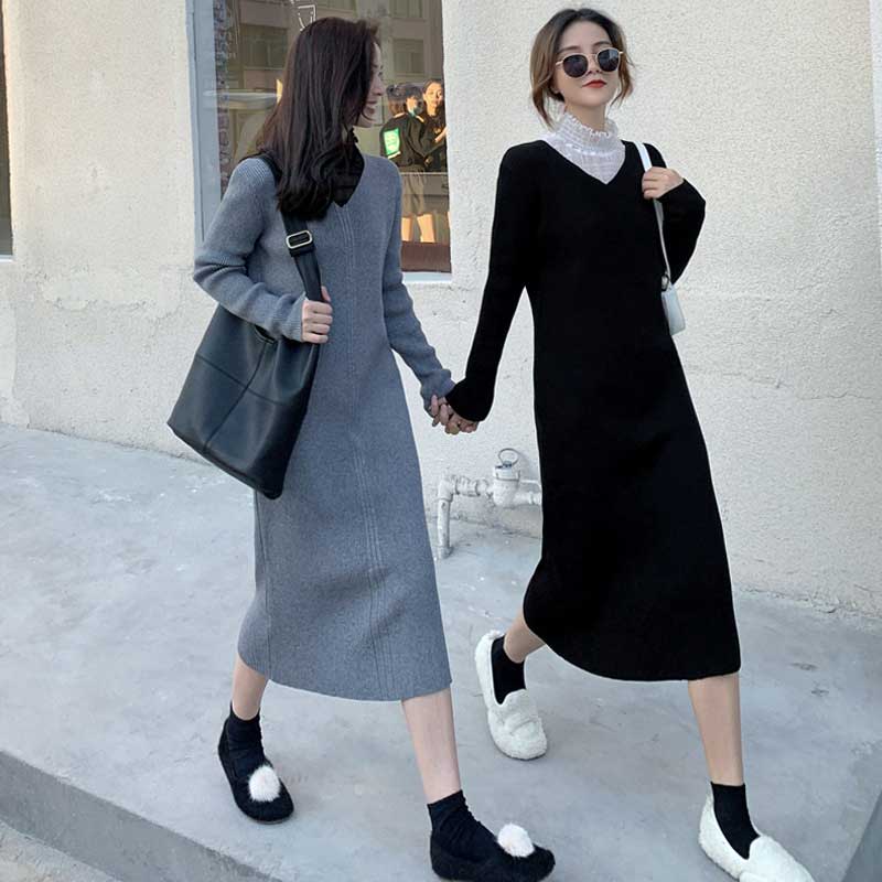 Vネックリブニットワンピース(2colors)