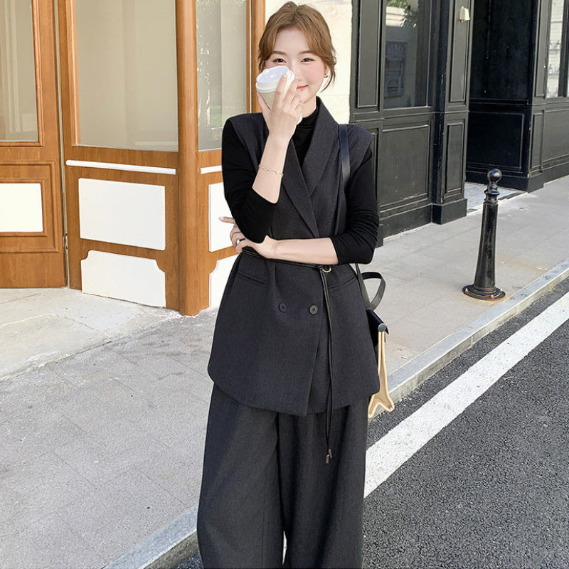 スリーブレスジャケット×トップス×ワイドパンツ3点セット