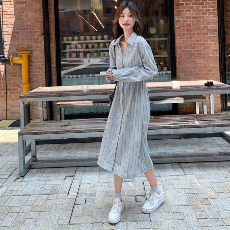 サイドドロストストライプシャツワンピース