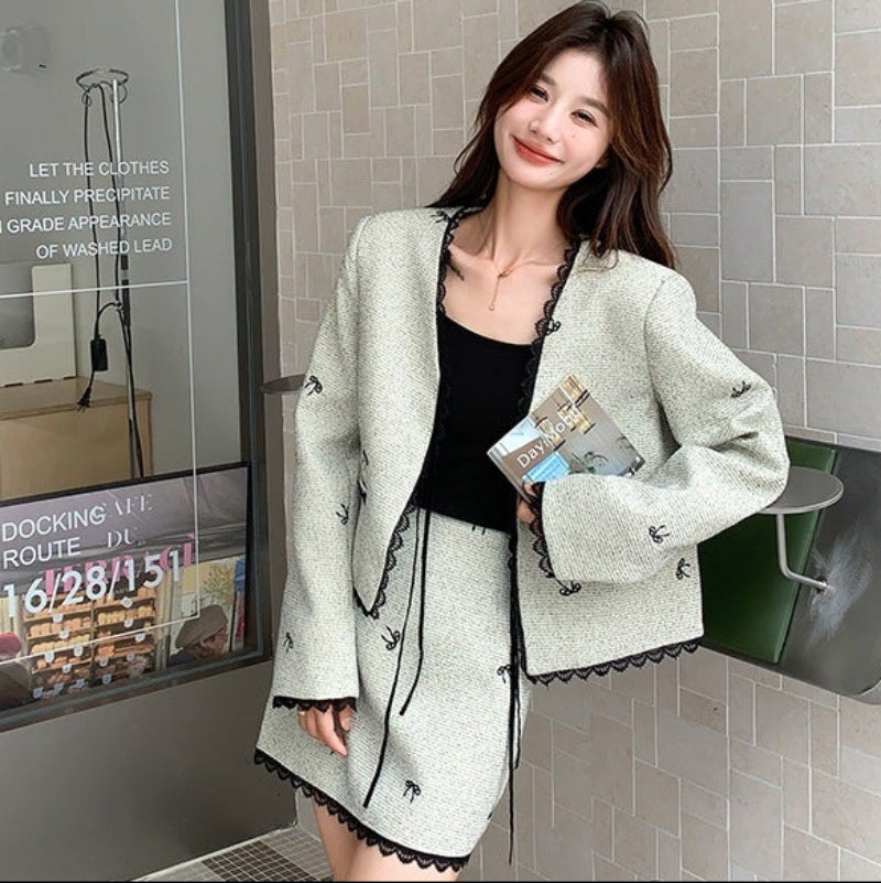 リボンデザインツイードスカートスーツ