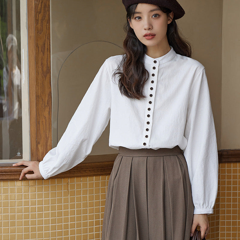 ボタンデザインスタンドカラーブラウス