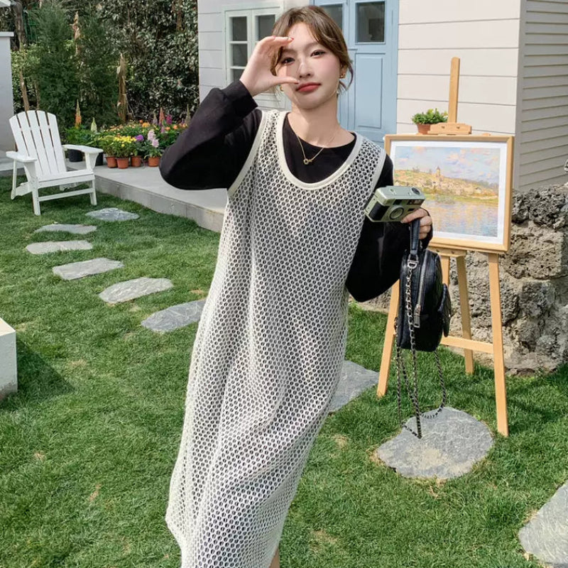 メッシュニット×ブラックワンピースコーデセット