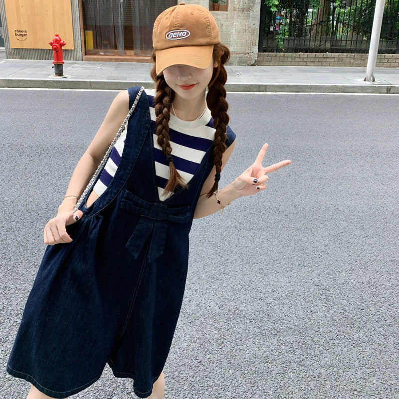 リボンデザインデニムショートサロペット