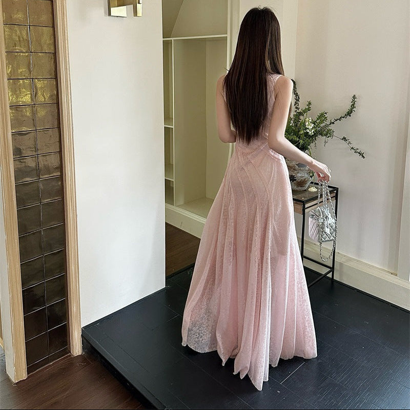 パウダーピンクレースロングワンピース