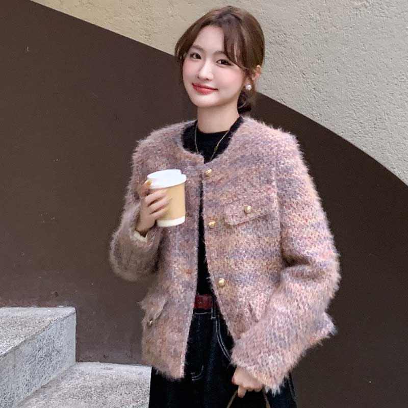 シャギーミックスツイードジャケット(2colors)（灰・ピンク）秋/冬