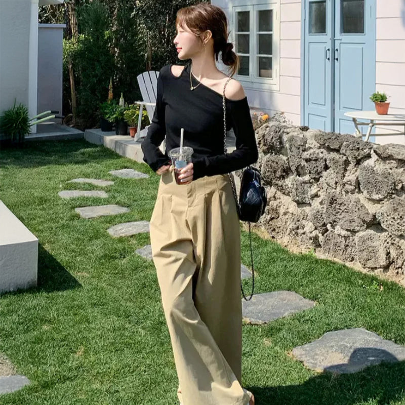 オフショルダーカットソー×ワイドレッグパンツコーデセット