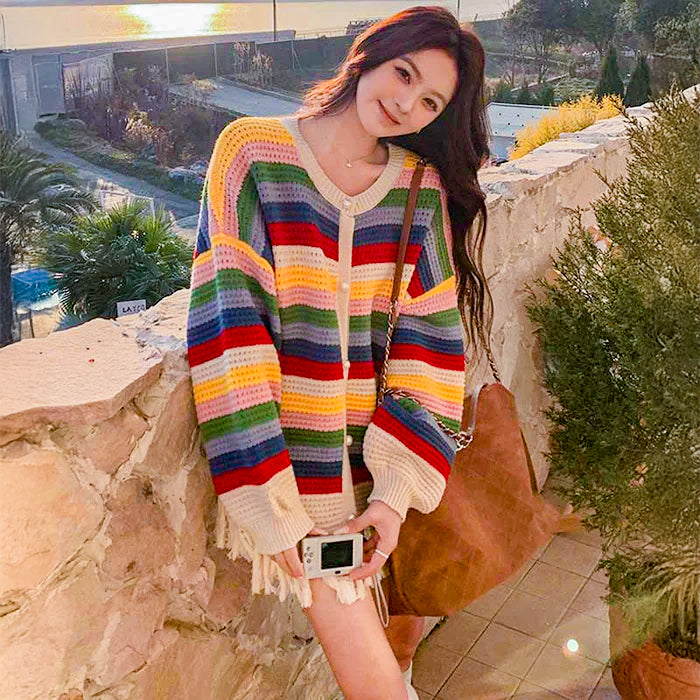 マルチボーダーフリンジカーディガン