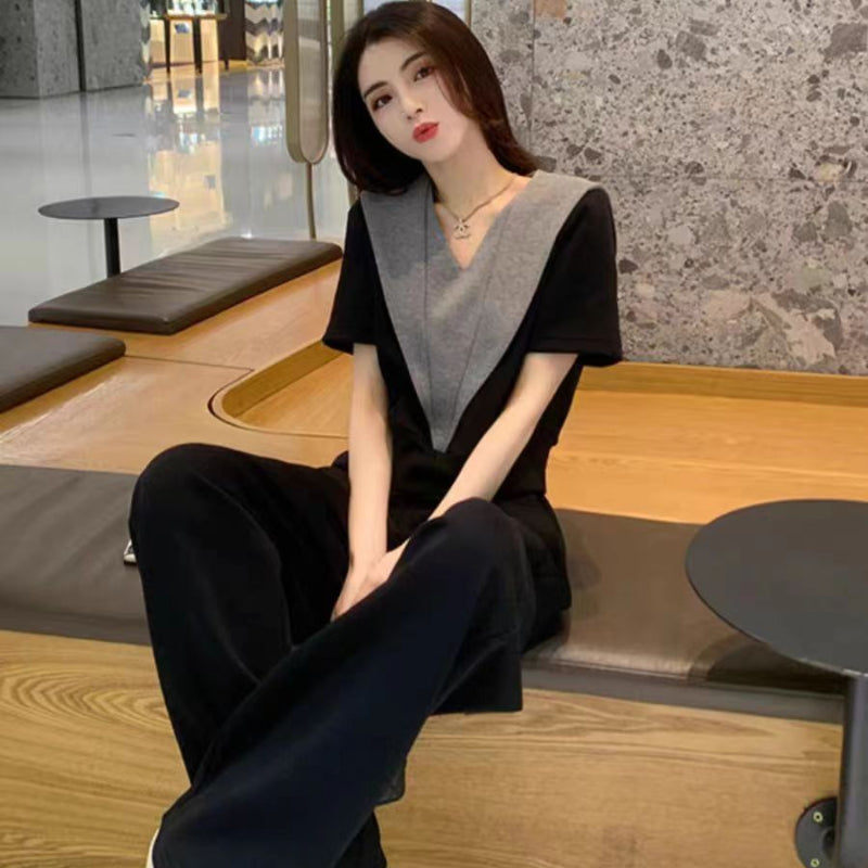 バイカラーニットトップス×パンツセット