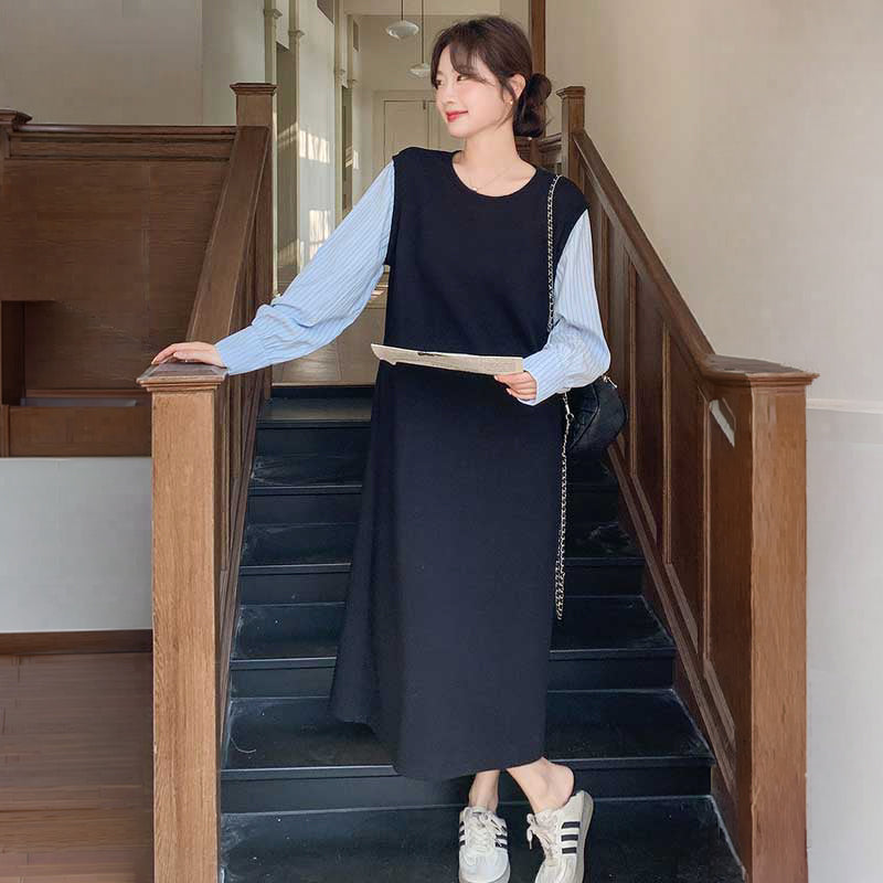 ストライプシャツ切り替えワンピース