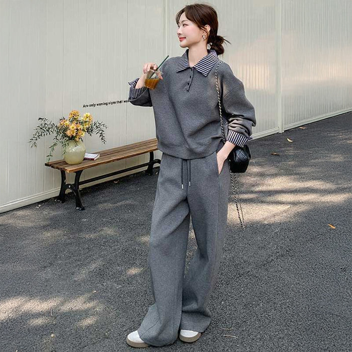 ストライプコンビスウェットセットアップ（灰）秋/冬 ゆるさと端正さの