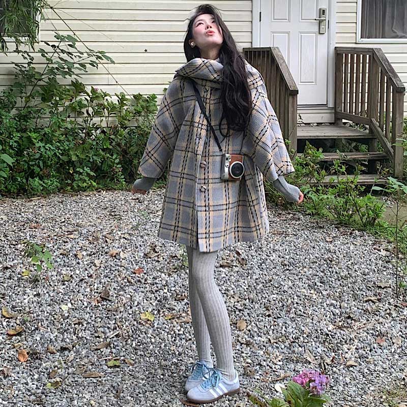 マフラー付きノルディックチェックコート