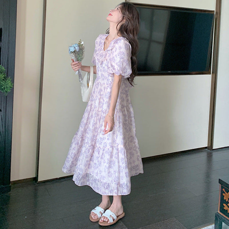 フラワーパフスリーブティアードワンピース