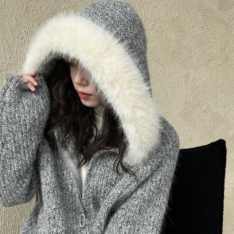 ファーフード付ニットカーディガン(2colors)