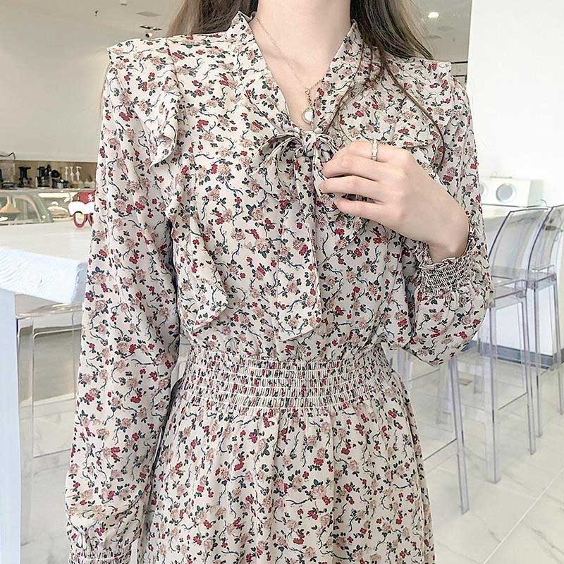 小花柄ボウタイフリルワンピース(3colors)