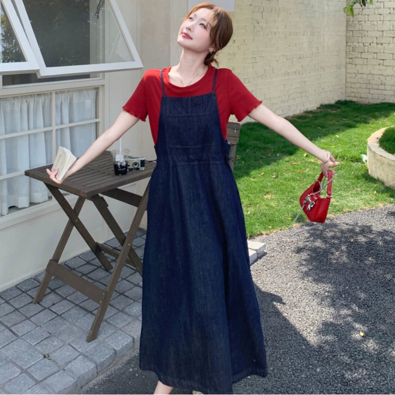 半袖Tシャツ×デニムサスペンダースカートセット