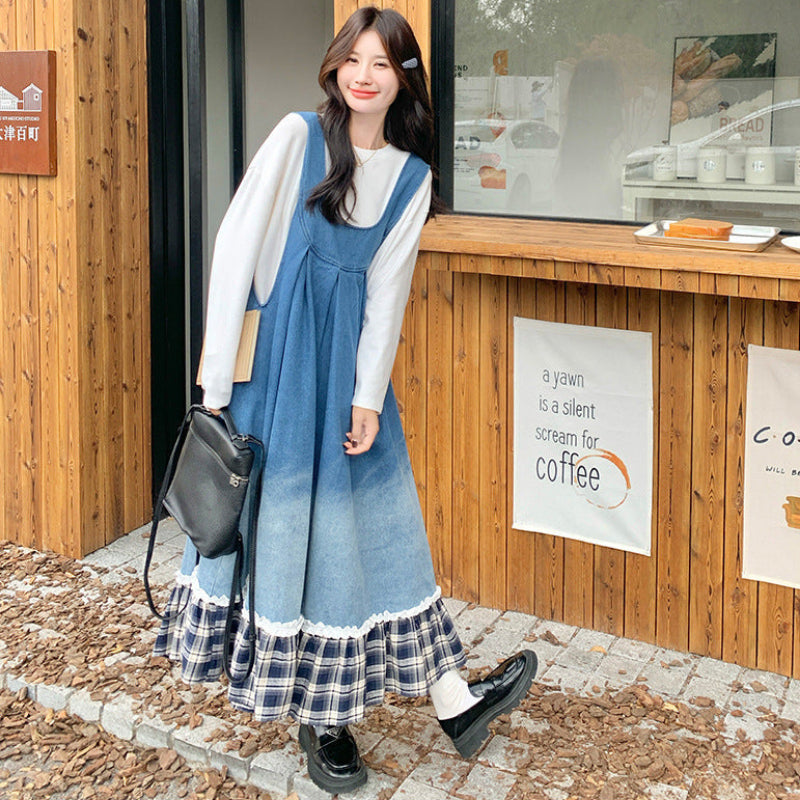 トリムチェックデニムジャンパースカート