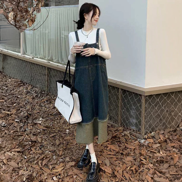 さ*と様 リメイクデニム　サロペットワイドワンピース バイカラーデニムサロペット（青）春/夏 大人カジュアルアイテム
