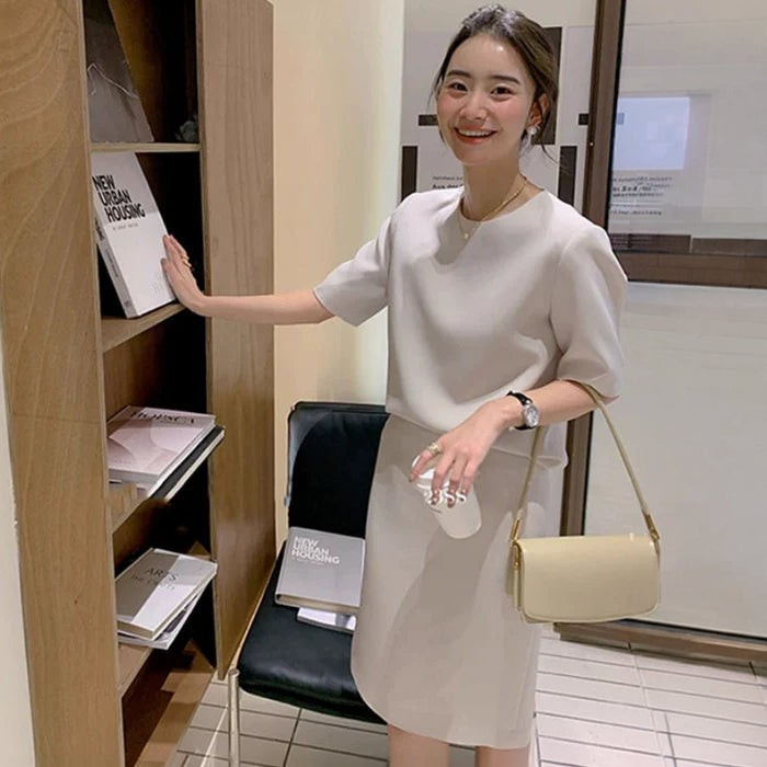 ラウンドネック半袖トップス×スカートセットアップ(2colors)