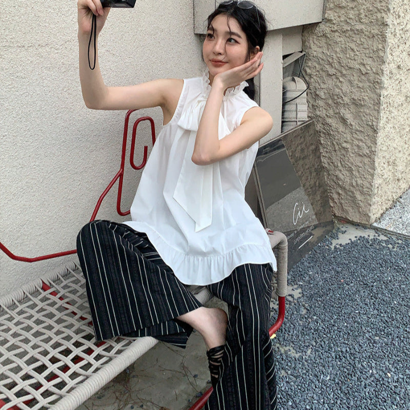 フリルボウタイノースリーブブラウス