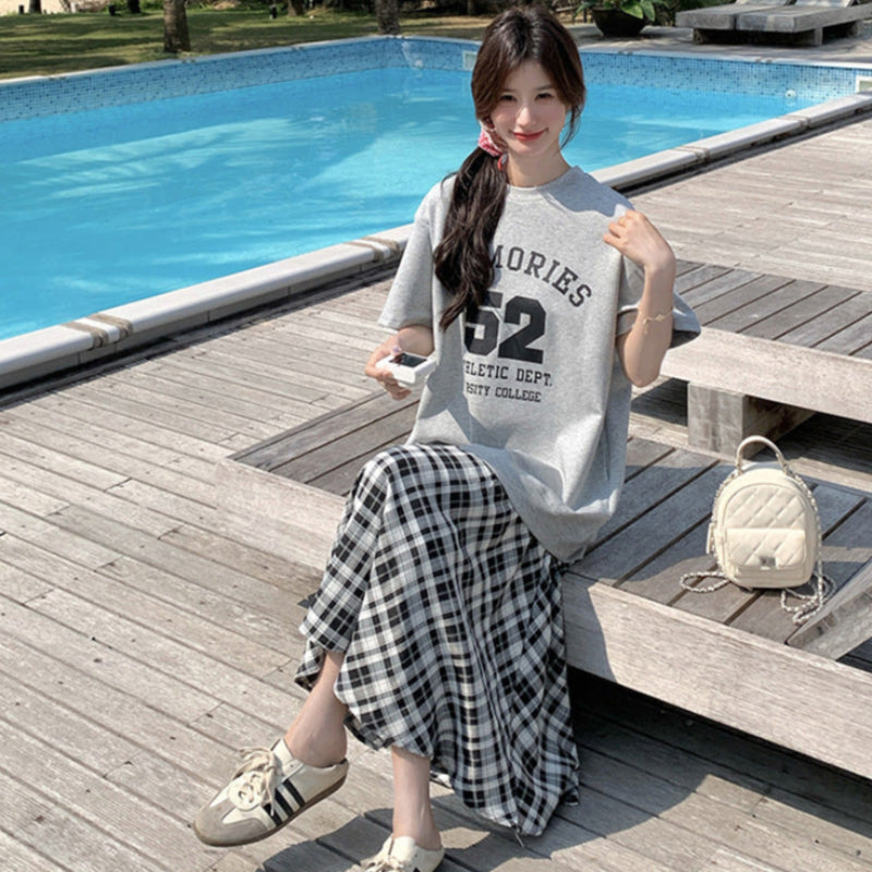 Tシャツ×チェックスカートドッキングワンピース