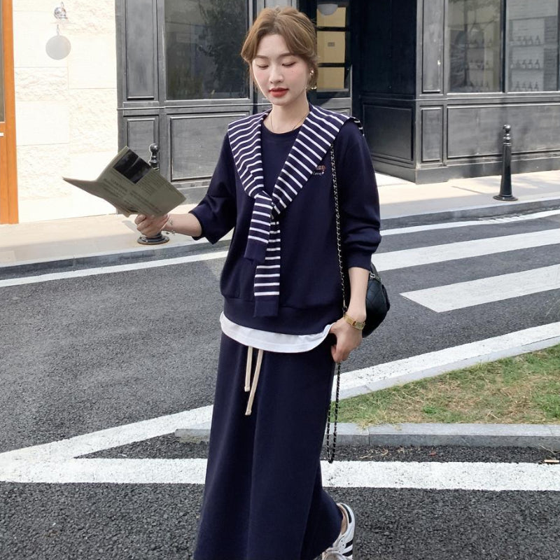 ボーダーショール付きスウェット×スカートセットアップ(2colors)