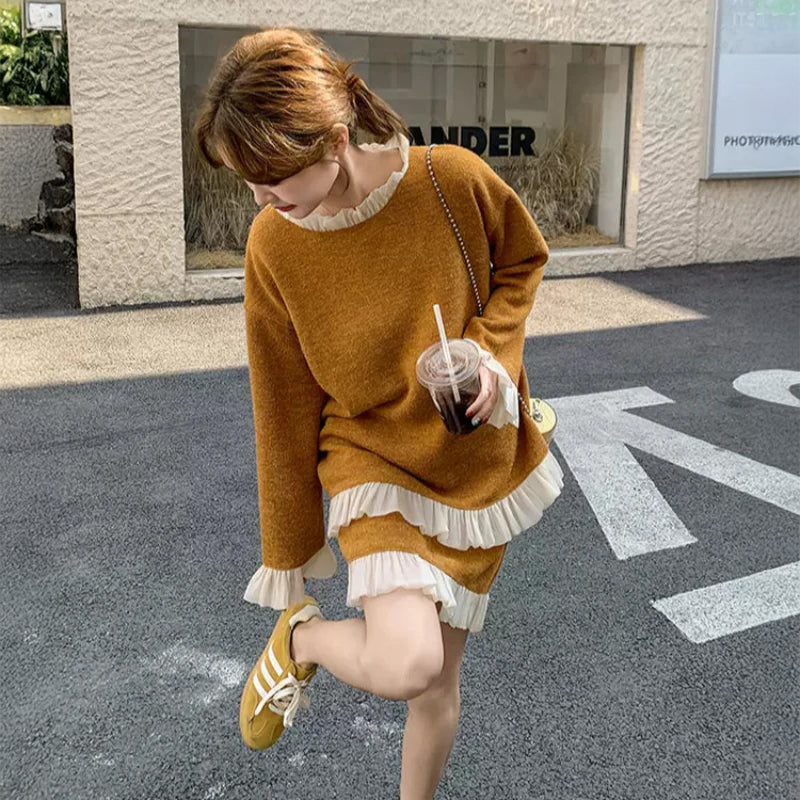 レースデザインニットトップス×ミニスカート(2colors)