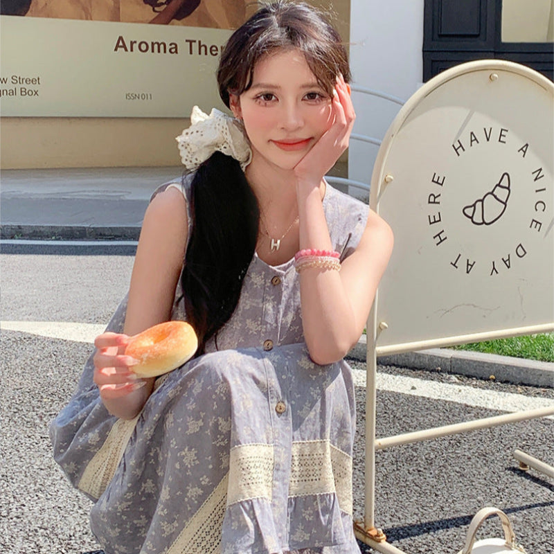 小花柄ノースリーブグレーワンピース