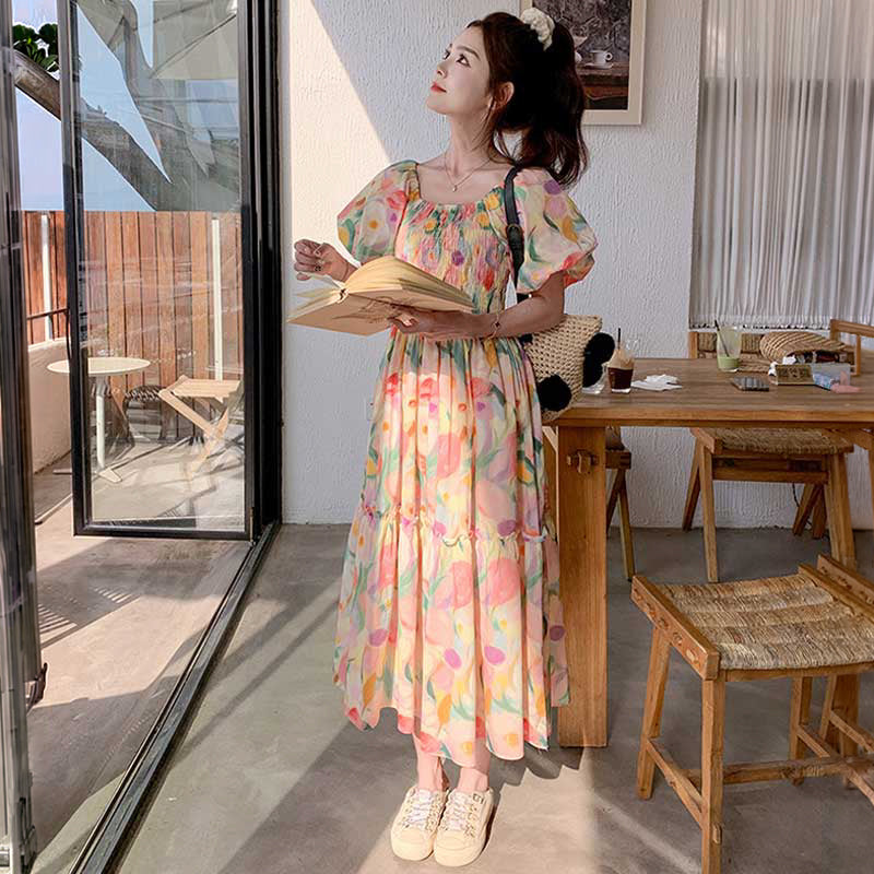 チューリップ柄シャーリングワンピース