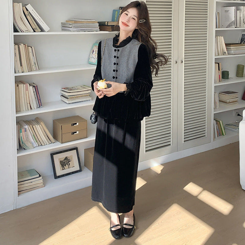 エレガンスベルベットベスト×トップス×スカート３点セット