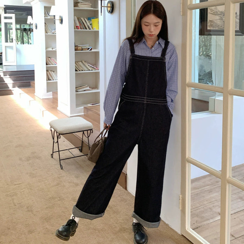 ステッチデザインデニムサロペットパンツ