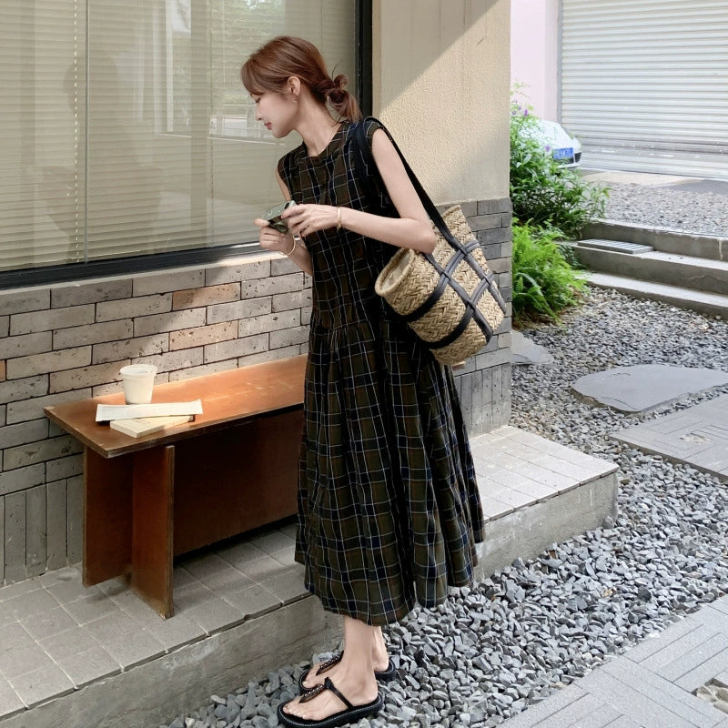 ブラウンチェックノースリーブワンピース