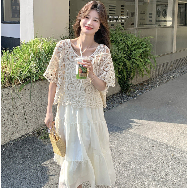 かぎ針編みトップス×ティアードキャミワンピース