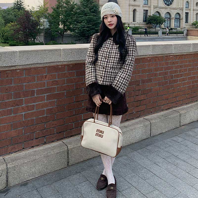 ファーカフスチェックショートコート