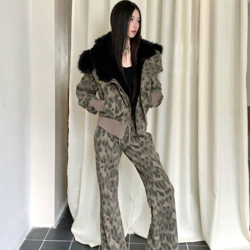 レオパードスウェットファーパーカー×パンツセット