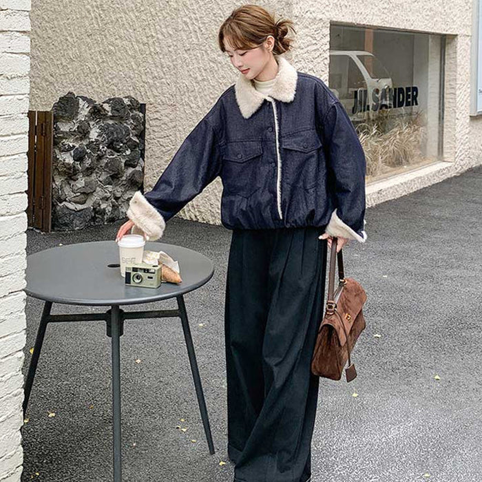 ボアカラーインディゴデニムジャケット（紺）秋/冬 冬の景色に映える