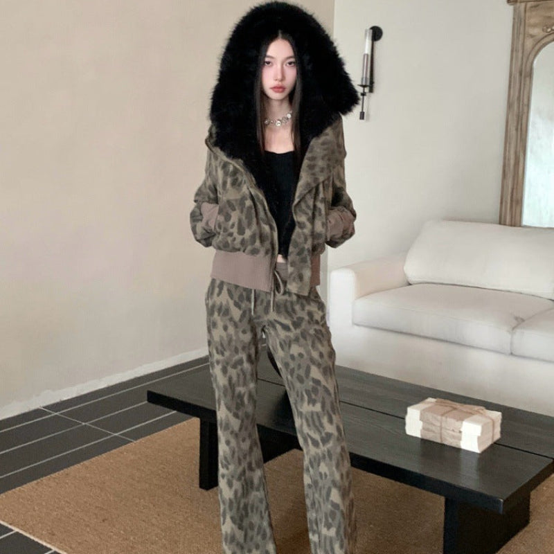 レオパードスウェットファーパーカー×パンツセット