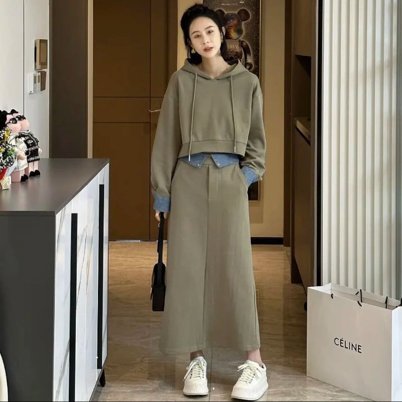 ショート丈パーカー×ロングスカートスウェットセット(2colors) (緑・黒