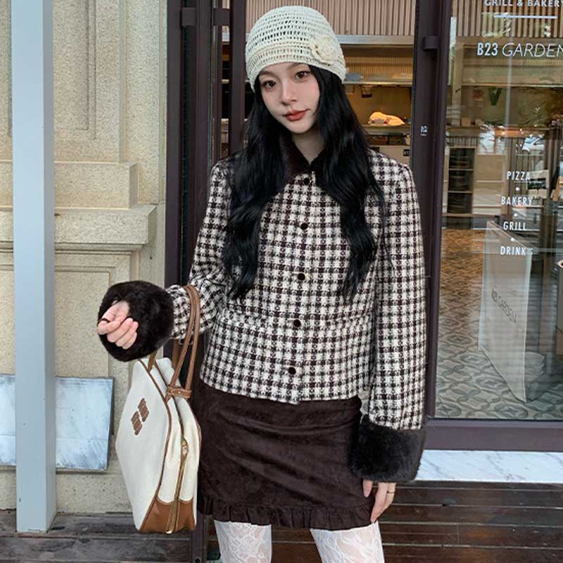 ファーカフスチェックショートコート