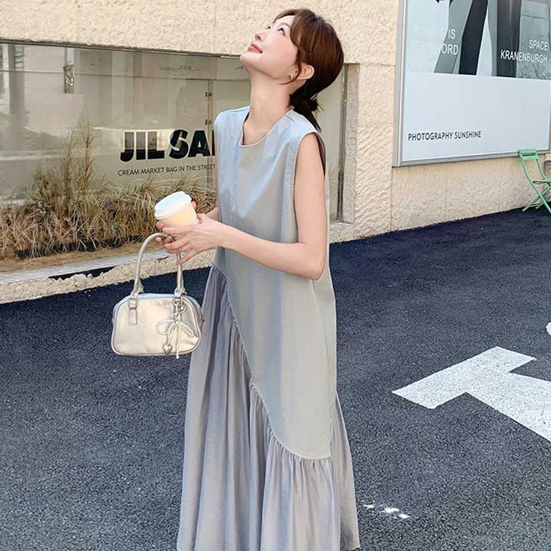 アシンメトリー切り替えフレアワンピース（灰）春/夏 エッジの効いた