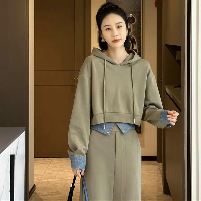 ショート丈パーカー×ロングスカートスウェットセット(2colors)