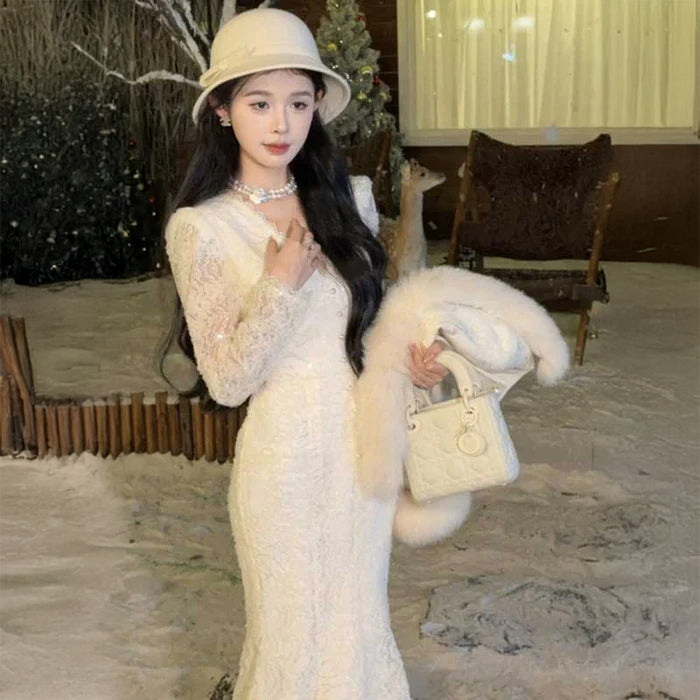 Vネックマーメイドレースワンピース