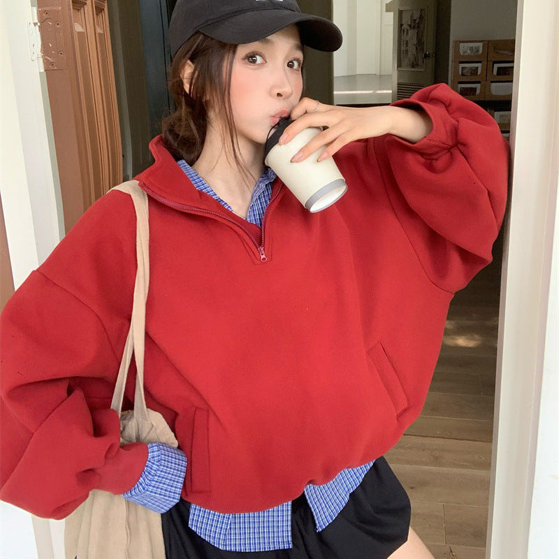 ハーフジップスウェット×チェックシャツ