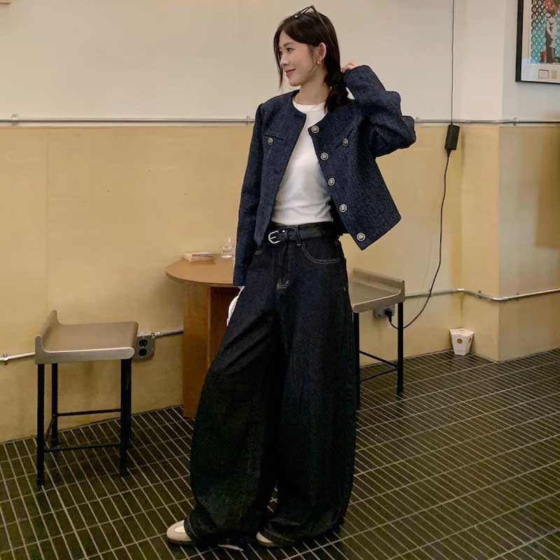 ノーカラーネイビーツイードジャケット