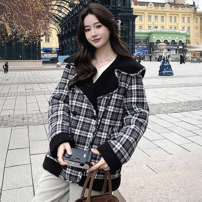 ボア裏ビッグカラーチェックコート