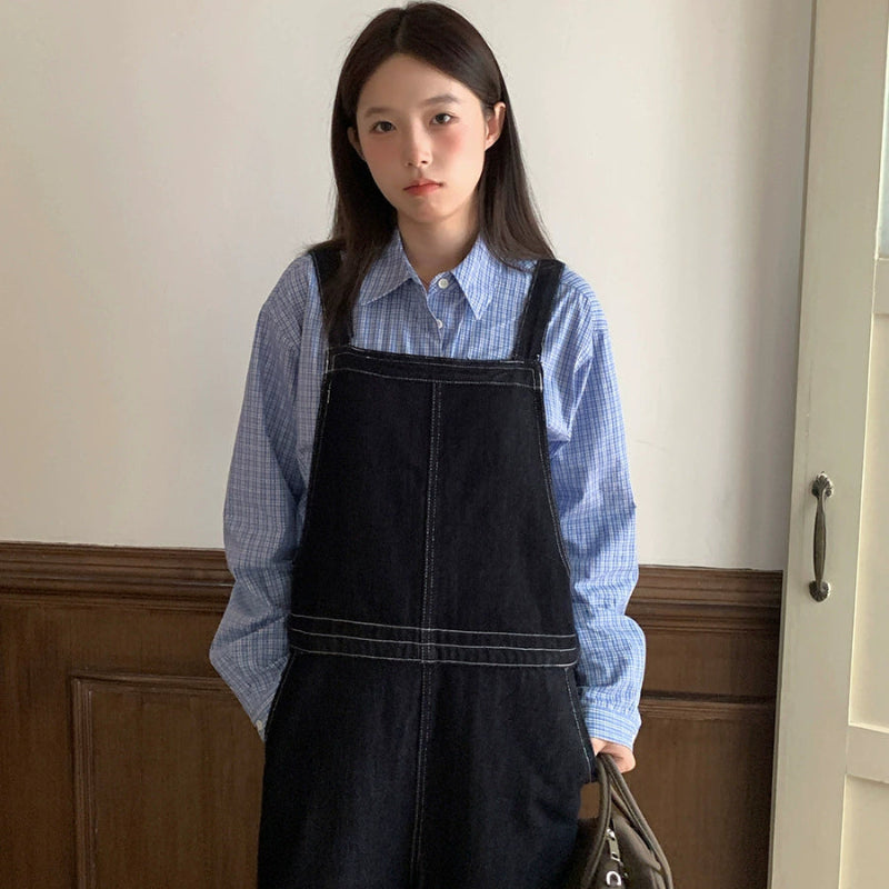 ステッチデザインデニムサロペットパンツ