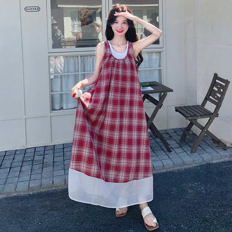 レイヤード風マキシチェックワンピース