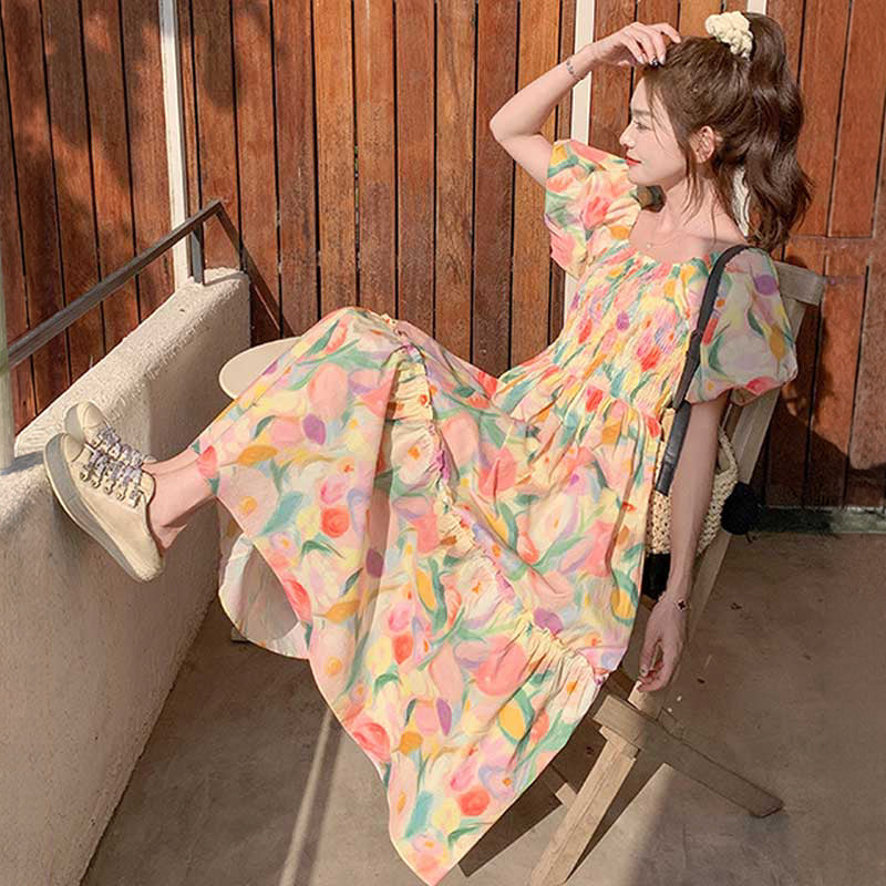 チューリップ柄シャーリングワンピース