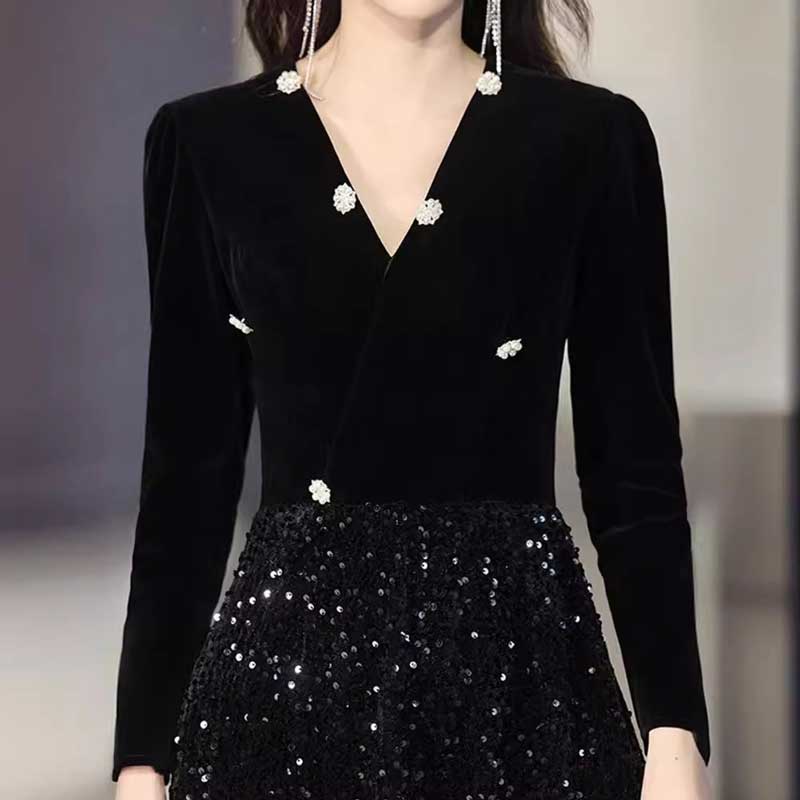 Vネックグリッターワンピース