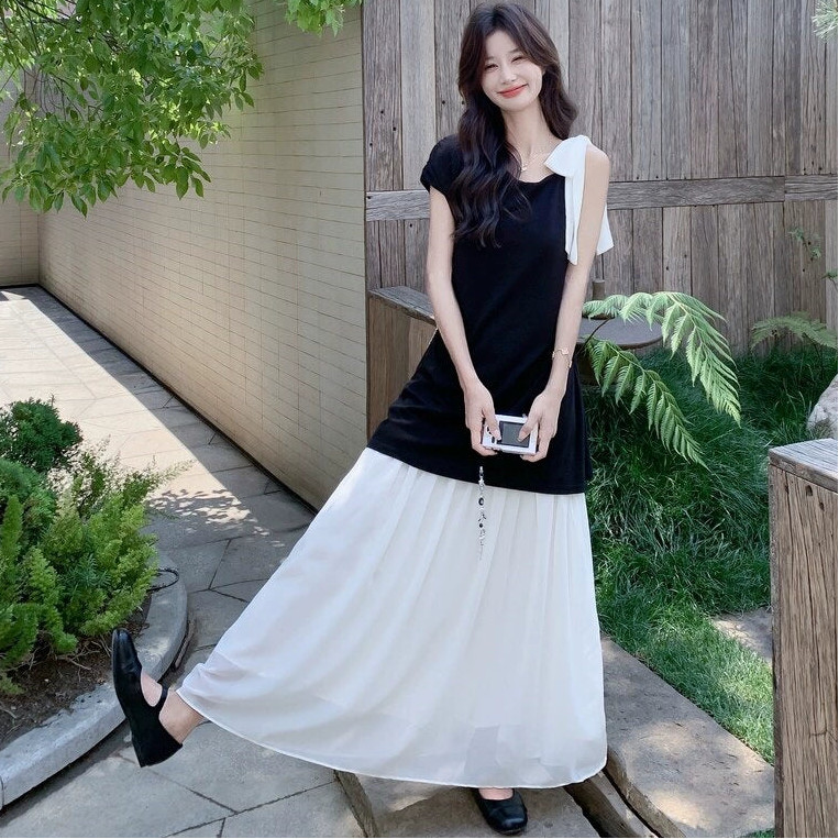 ショルダーリボンバイカラーワンピース