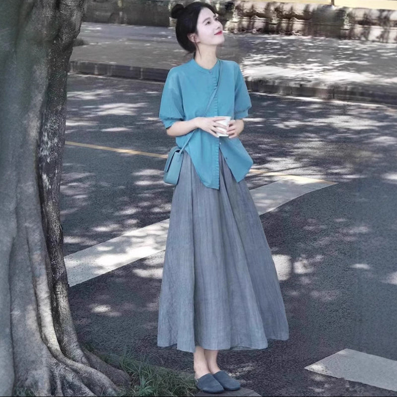 アジアン風ブラウス×フレアスカートセット